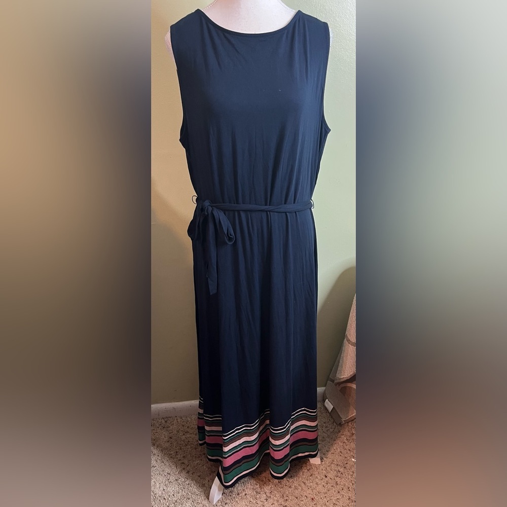 J. Jill Sleeveless Maxi Dress Dark Blue Stripes Waist Tie Womens Size XL